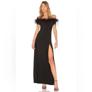 REVOLVE LPA 626 Feather Off the Shoulder Black Floor-length Maxi Dress Gown
